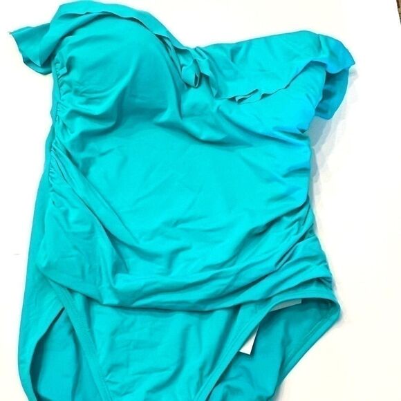 Bleu by Rod Beattie Shirred Ruffle Bandeau Mio One-Piece Swimsuit Wave size 14 - Picture 5 of 10